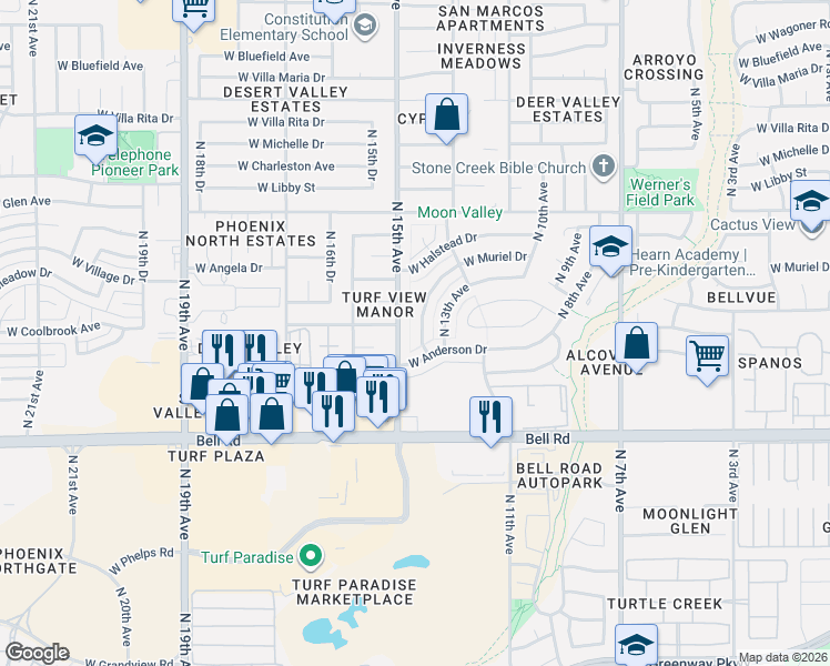 map of restaurants, bars, coffee shops, grocery stores, and more near 17243 North 14th Avenue in Phoenix