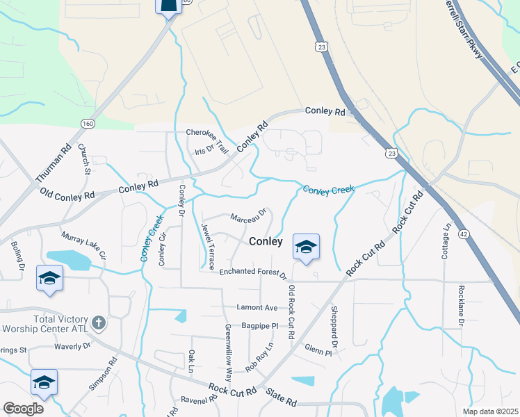 map of restaurants, bars, coffee shops, grocery stores, and more near 1628 Marceau Drive in Conley