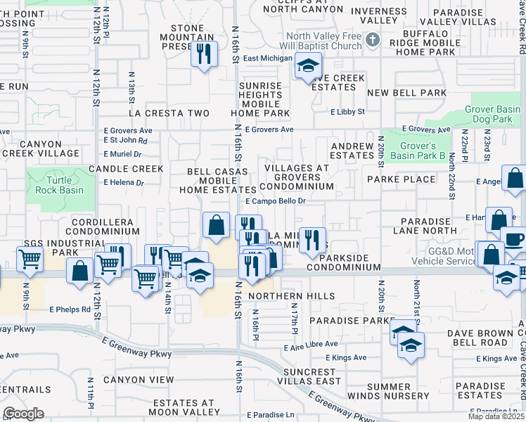 map of restaurants, bars, coffee shops, grocery stores, and more near 17235 North 16th Place in Phoenix