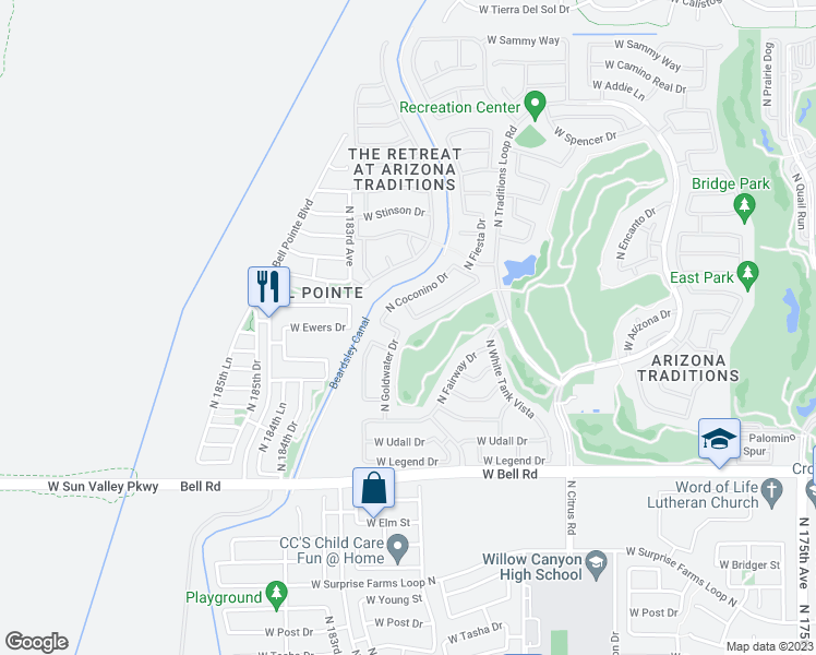 map of restaurants, bars, coffee shops, grocery stores, and more near 17461 West Ewers Drive in Surprise