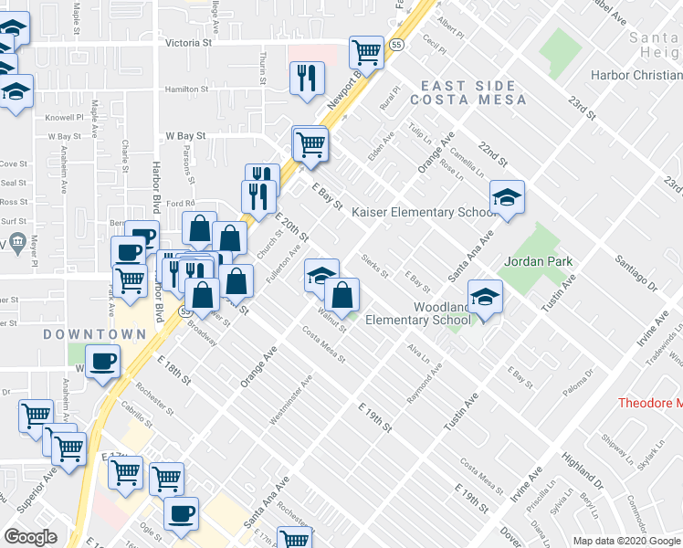 map of restaurants, bars, coffee shops, grocery stores, and more near 1998 Orange Avenue in Costa Mesa