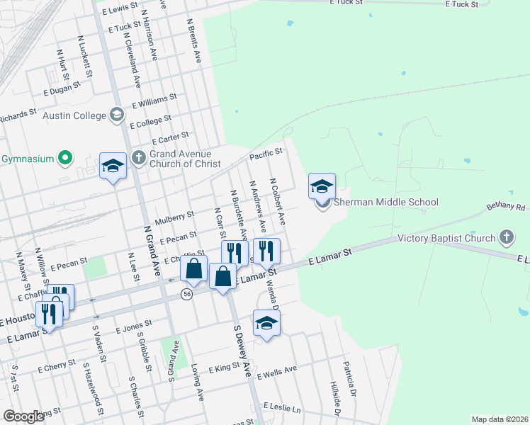 map of restaurants, bars, coffee shops, grocery stores, and more near 301 North Andrews Avenue in Sherman