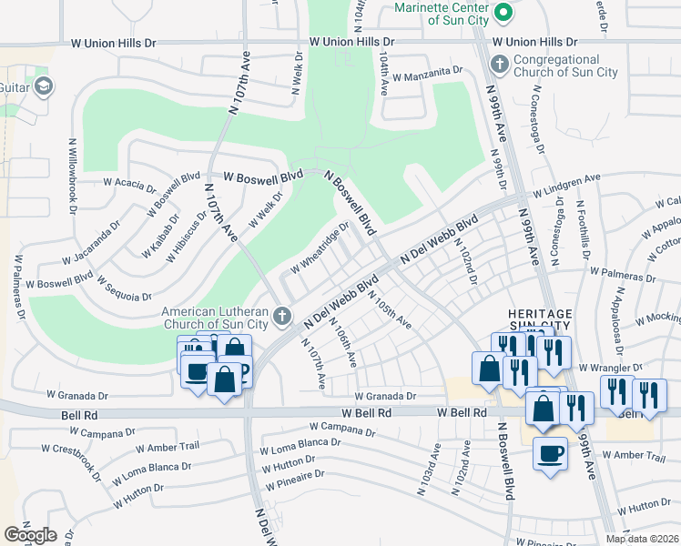map of restaurants, bars, coffee shops, grocery stores, and more near 10503 West Highwood Lane in Sun City