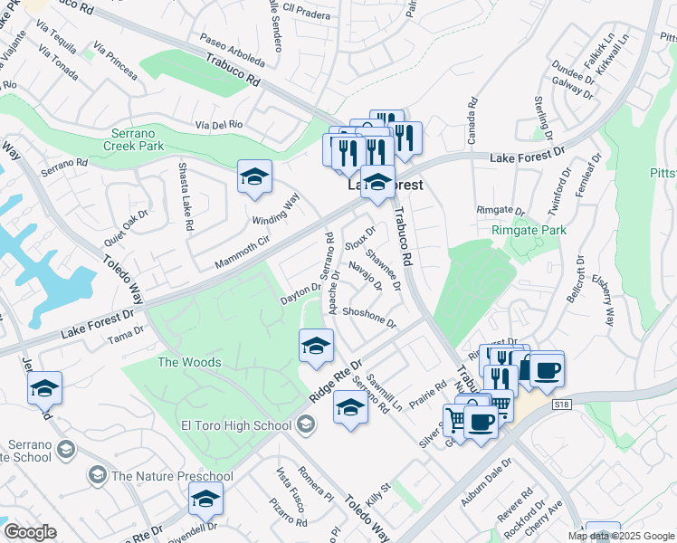 map of restaurants, bars, coffee shops, grocery stores, and more near 21968 Apache Drive in Lake Forest