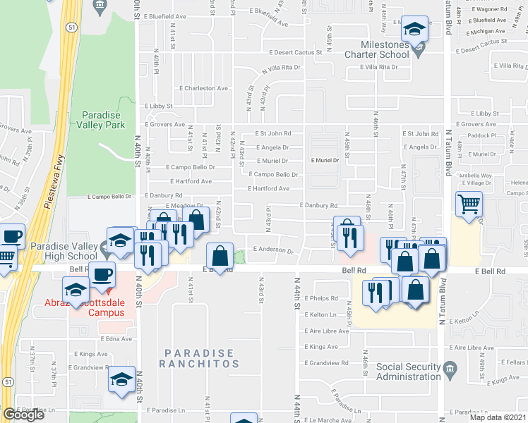 map of restaurants, bars, coffee shops, grocery stores, and more near 17228 North 43rd Place in Phoenix