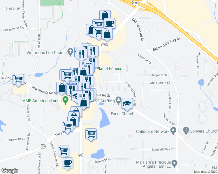 map of restaurants, bars, coffee shops, grocery stores, and more near 1747 Ridge Court Southeast in Conyers