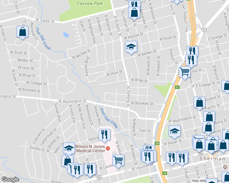 map of restaurants, bars, coffee shops, grocery stores, and more near 1103 West College Street in Sherman