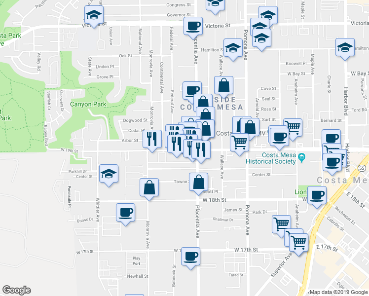 map of restaurants, bars, coffee shops, grocery stores, and more near 824 West 19th Street in Costa Mesa