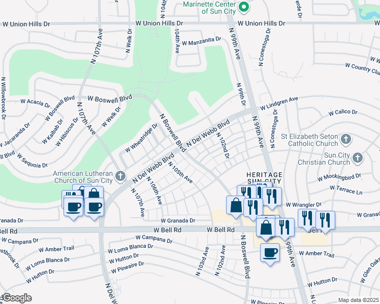 map of restaurants, bars, coffee shops, grocery stores, and more near 17455 Boswell Boulevard in Sun City
