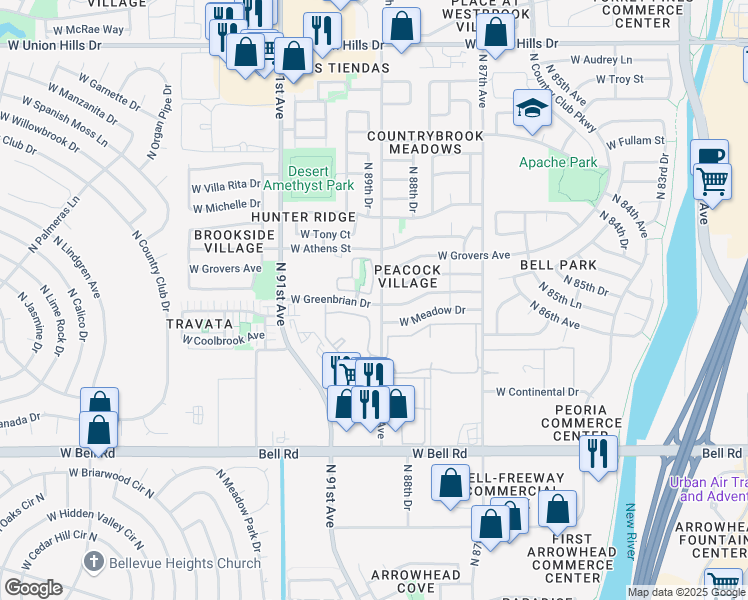 map of restaurants, bars, coffee shops, grocery stores, and more near 8931 West Saint John Road in Peoria