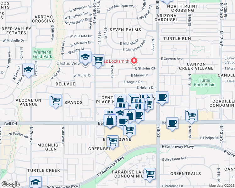 map of restaurants, bars, coffee shops, grocery stores, and more near 217 East Campo Bello Drive in Phoenix