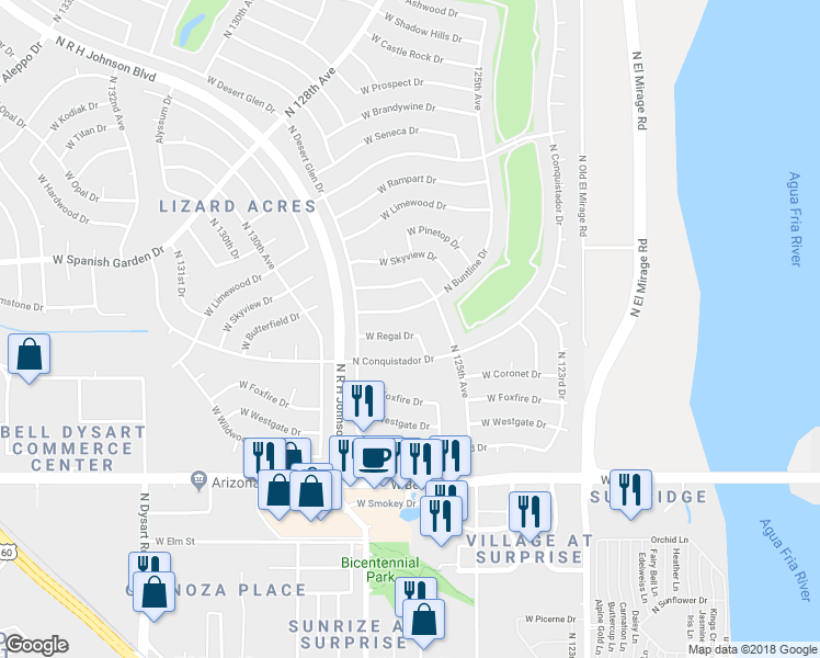 map of restaurants, bars, coffee shops, grocery stores, and more near 12526 West Regal Drive in Sun City West