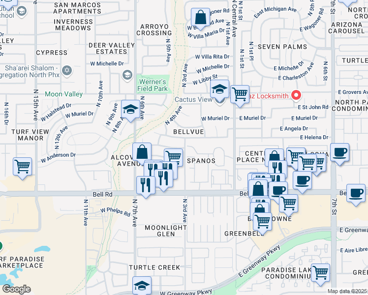 map of restaurants, bars, coffee shops, grocery stores, and more near 238 West Campo Bello Drive in Phoenix