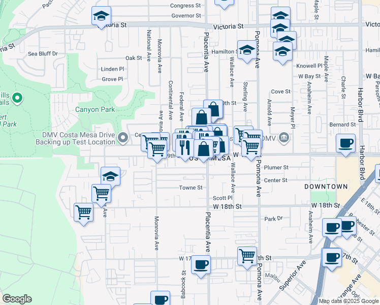 map of restaurants, bars, coffee shops, grocery stores, and more near 824 West 19th Street in Costa Mesa