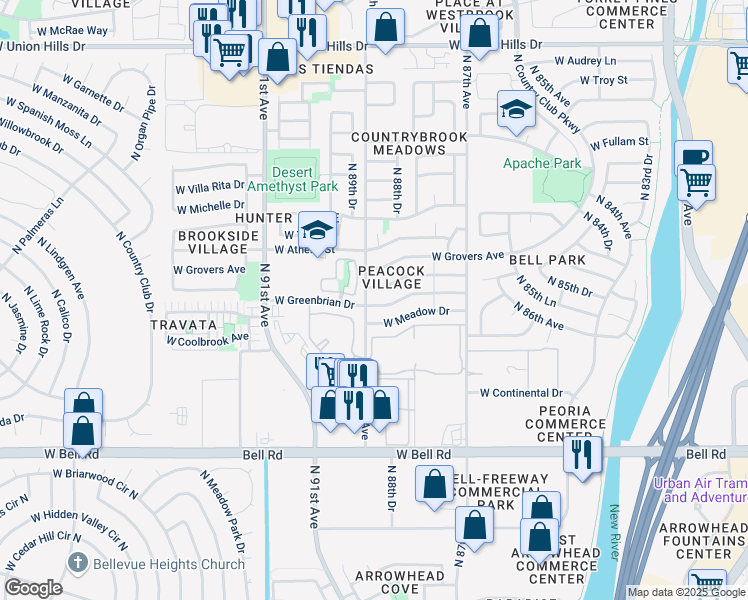 map of restaurants, bars, coffee shops, grocery stores, and more near 8931 West Saint John Road in Peoria