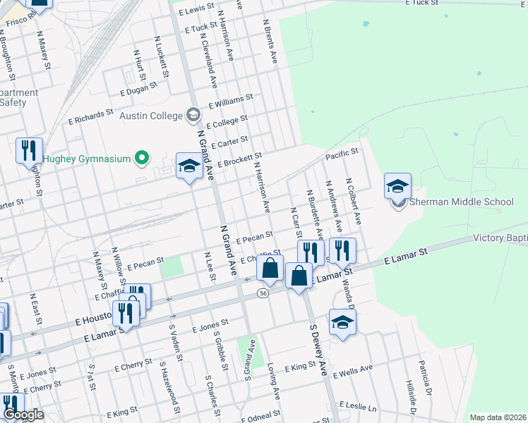 map of restaurants, bars, coffee shops, grocery stores, and more near 402 North Harrison Avenue in Sherman