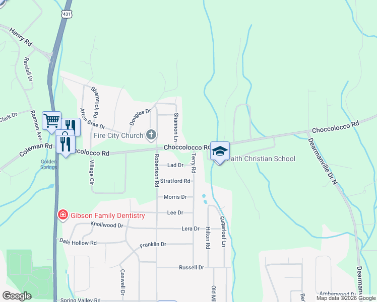 map of restaurants, bars, coffee shops, grocery stores, and more near 644 Choccolocco Road in Anniston