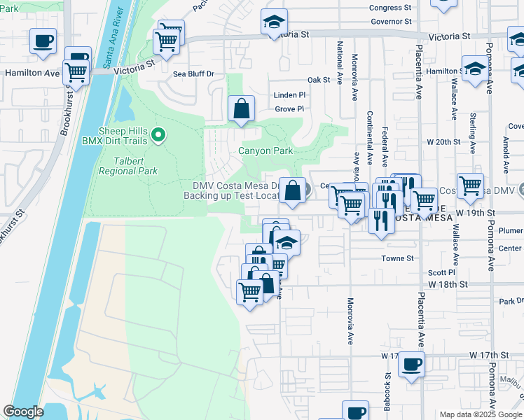 map of restaurants, bars, coffee shops, grocery stores, and more near 1020 West 19th Street in Costa Mesa