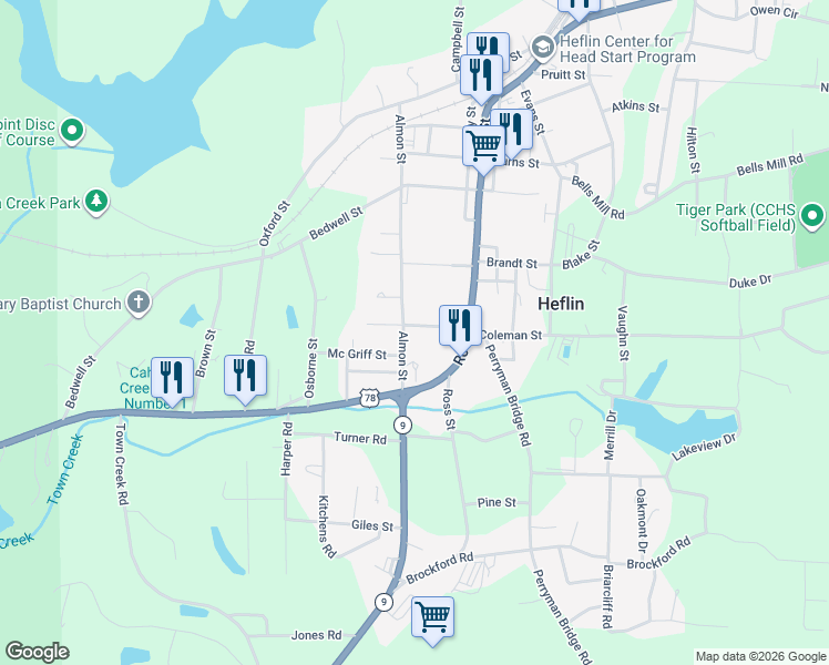 map of restaurants, bars, coffee shops, grocery stores, and more near 521 Almon Street in Heflin