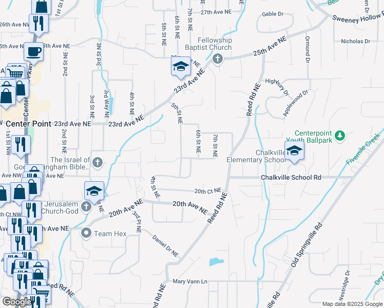 map of restaurants, bars, coffee shops, grocery stores, and more near 508 Woodland Court Northeast in Center Point
