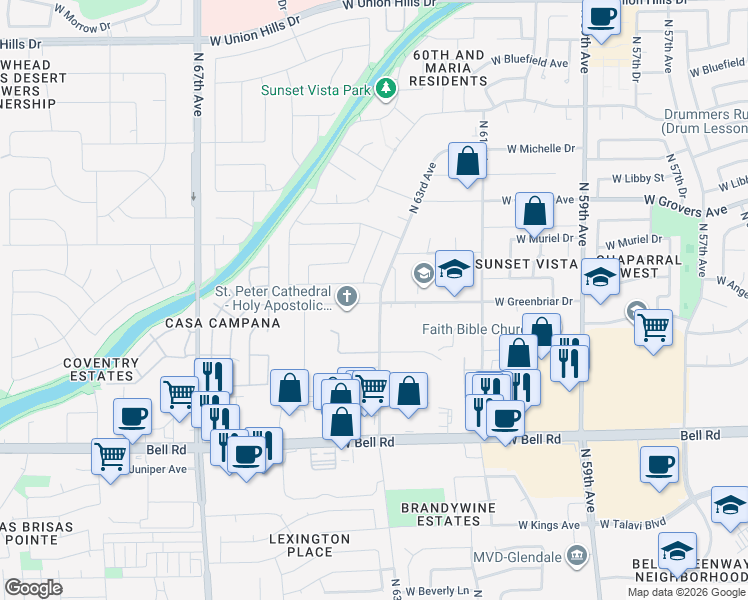 map of restaurants, bars, coffee shops, grocery stores, and more near 6302 West Greenbriar Drive in Glendale