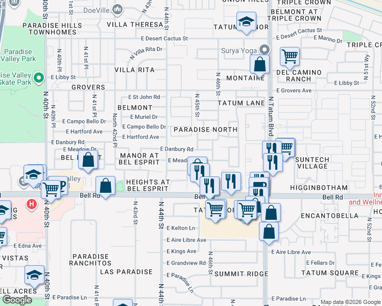 map of restaurants, bars, coffee shops, grocery stores, and more near 4455 E Danbury Rd in Phoenix