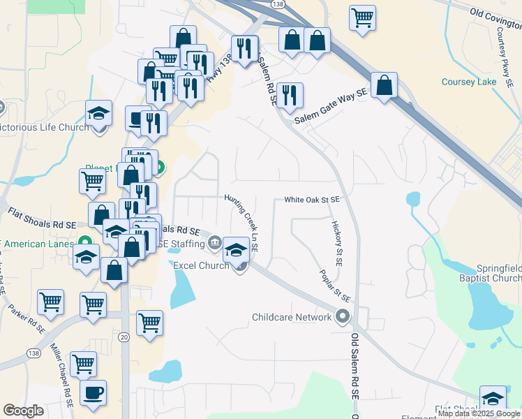 map of restaurants, bars, coffee shops, grocery stores, and more near 1749 Sara Ct SE in Conyers