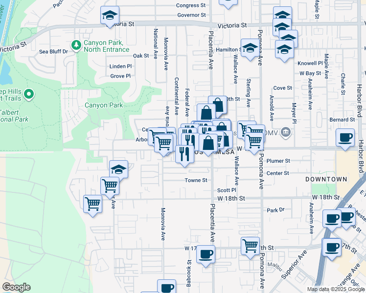 map of restaurants, bars, coffee shops, grocery stores, and more near 854 West 19th Street in Costa Mesa