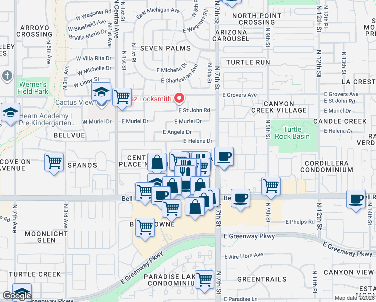 map of restaurants, bars, coffee shops, grocery stores, and more near 419 East Campo Bello Drive in Phoenix