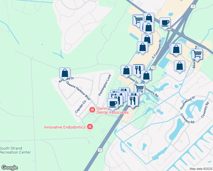 map of restaurants, bars, coffee shops, grocery stores, and more near 456 Pennington Loop in Myrtle Beach