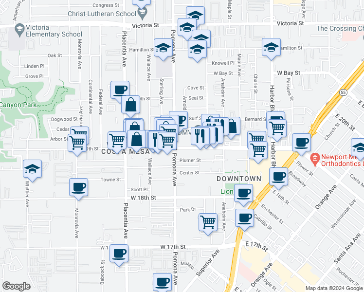 map of restaurants, bars, coffee shops, grocery stores, and more near 687 West 19th Street in Costa Mesa