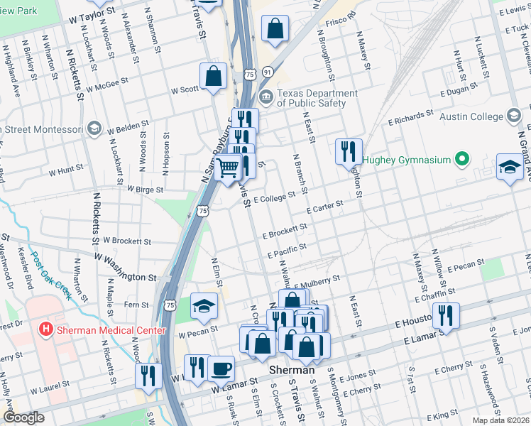 map of restaurants, bars, coffee shops, grocery stores, and more near 810 North Walnut Street in Sherman