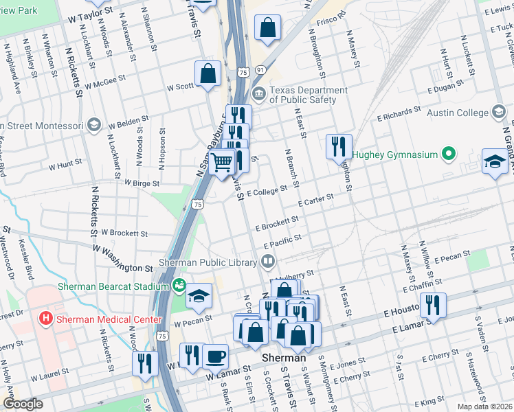 map of restaurants, bars, coffee shops, grocery stores, and more near 810 North Walnut Street in Sherman