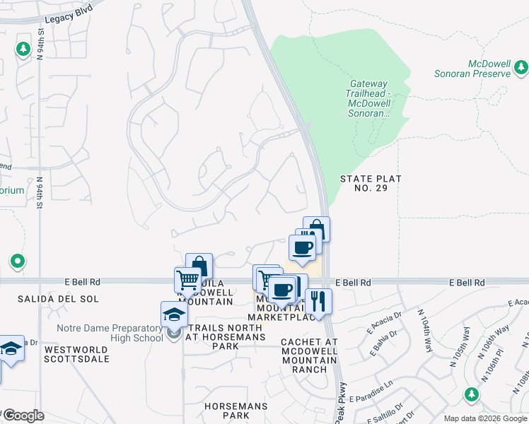 map of restaurants, bars, coffee shops, grocery stores, and more near 9986 East Ridgerunner Place in Scottsdale