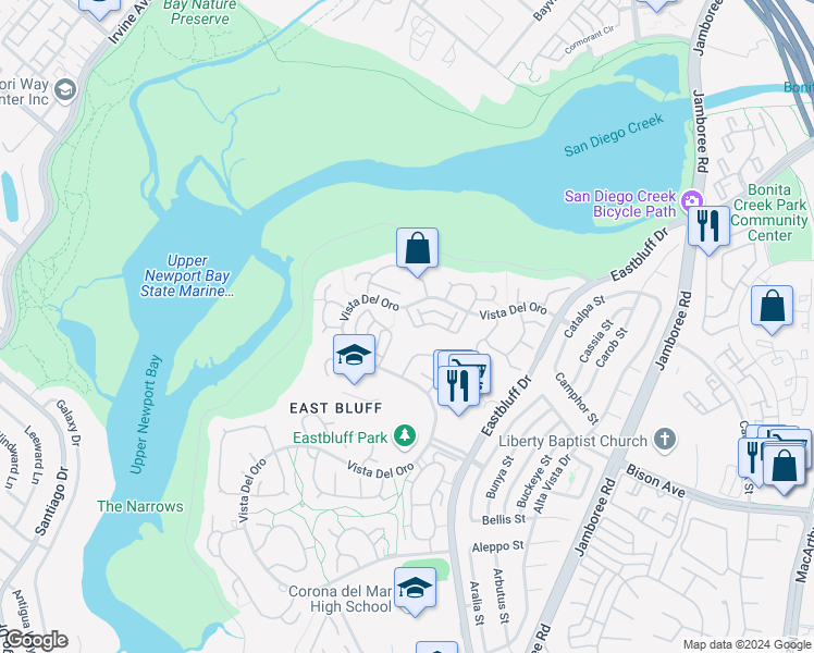 map of restaurants, bars, coffee shops, grocery stores, and more near 311 Vista Suerte in Newport Beach