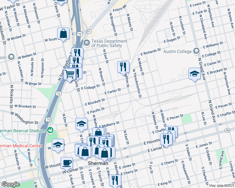 map of restaurants, bars, coffee shops, grocery stores, and more near 701 North East Street in Sherman