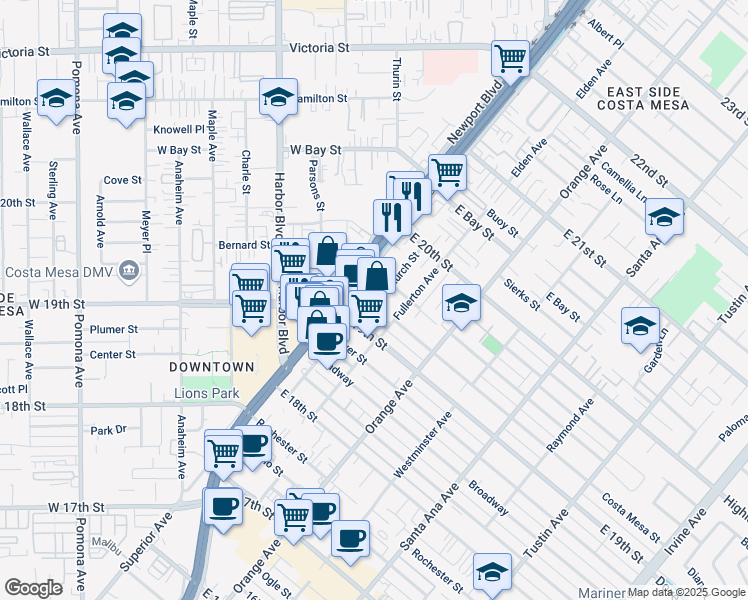 map of restaurants, bars, coffee shops, grocery stores, and more near 1927 Church Street in Costa Mesa