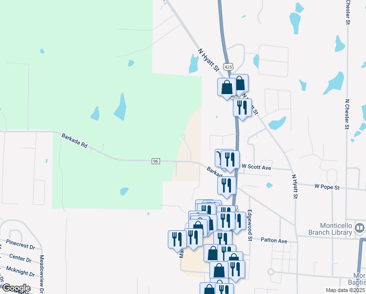 map of restaurants, bars, coffee shops, grocery stores, and more near 935 Barkada Road in Monticello