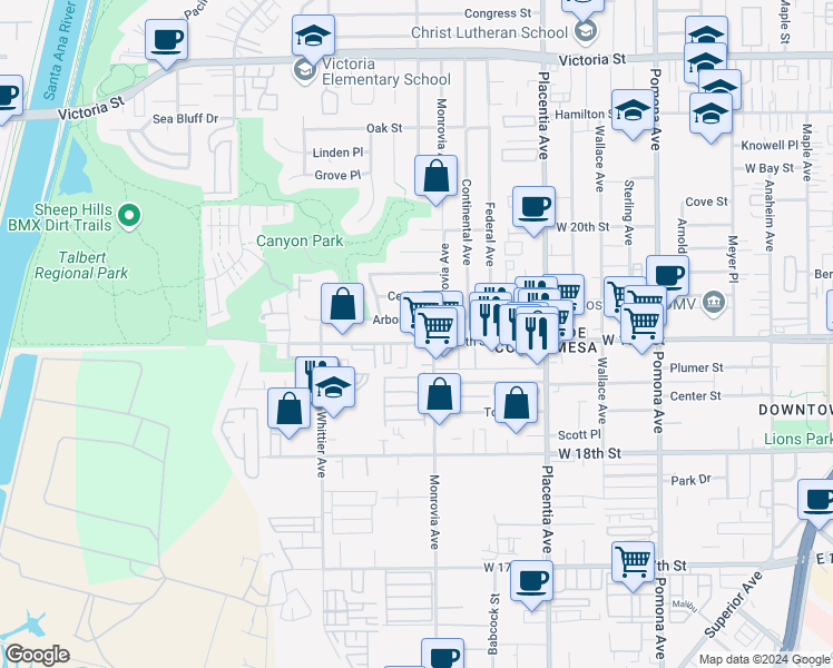 map of restaurants, bars, coffee shops, grocery stores, and more near 910 West 19th Street in Costa Mesa