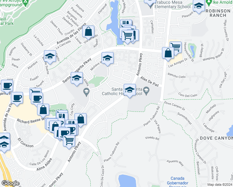 map of restaurants, bars, coffee shops, grocery stores, and more near in Rancho Santa Margarita