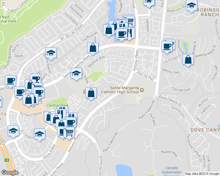map of restaurants, bars, coffee shops, grocery stores, and more near 42 Vía Joaquin in Rancho Santa Margarita