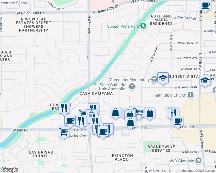 map of restaurants, bars, coffee shops, grocery stores, and more near 17276 North 66th Drive in Glendale