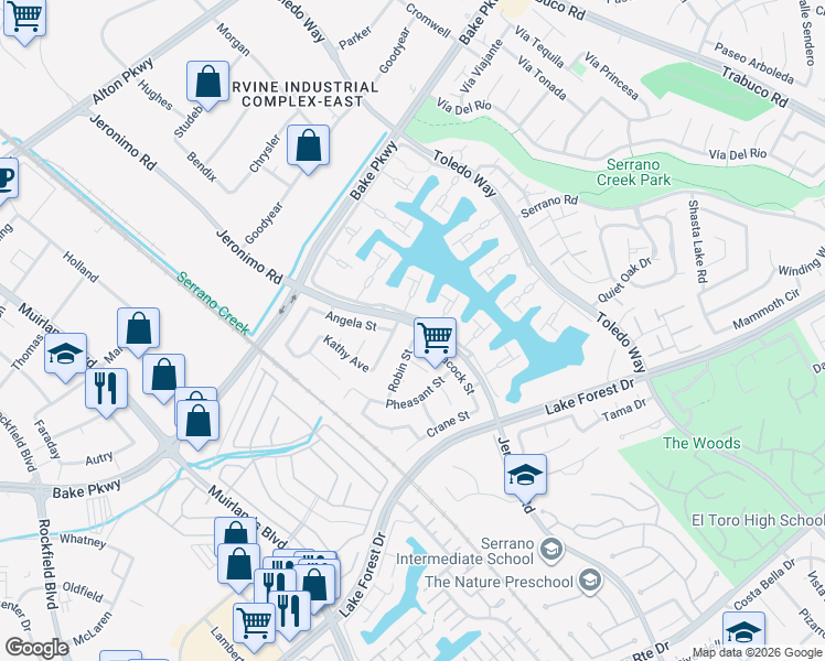 map of restaurants, bars, coffee shops, grocery stores, and more near 24311 Peacock Street in Lake Forest