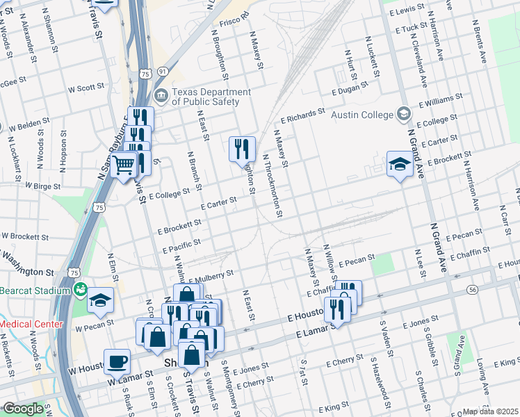 map of restaurants, bars, coffee shops, grocery stores, and more near 602 East Brockett Street in Sherman