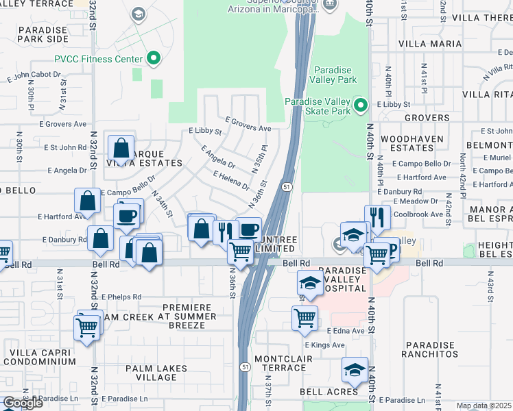 map of restaurants, bars, coffee shops, grocery stores, and more near 17403 North 36th Street in Phoenix