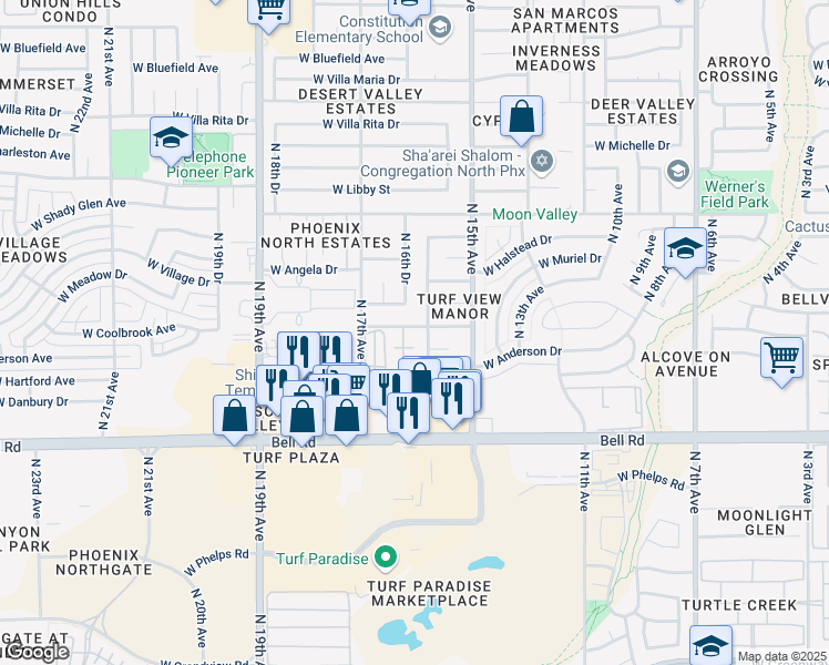 map of restaurants, bars, coffee shops, grocery stores, and more near 17248 North 16th Avenue in Phoenix