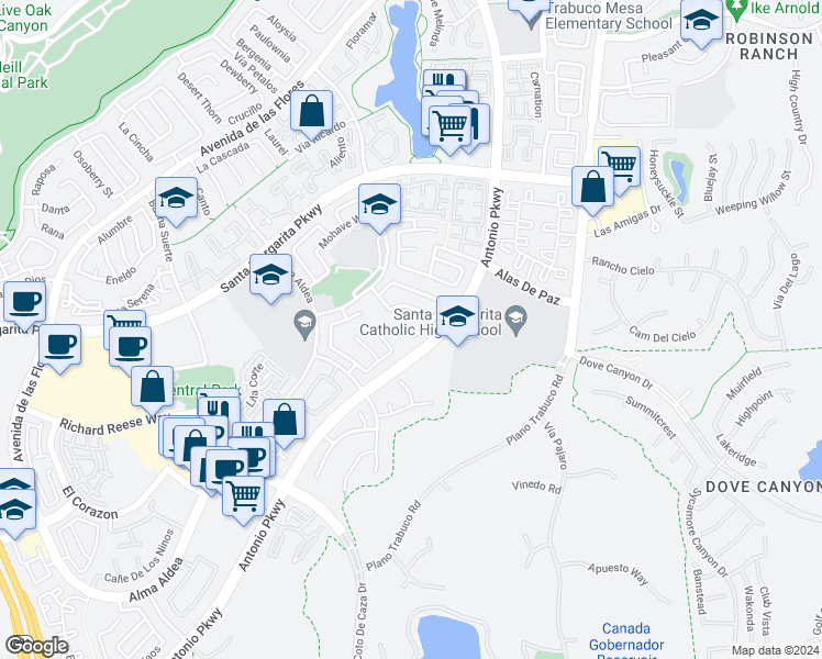 map of restaurants, bars, coffee shops, grocery stores, and more near 25 Vía Joaquin in Rancho Santa Margarita
