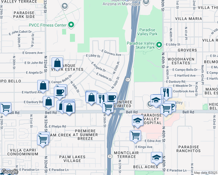 map of restaurants, bars, coffee shops, grocery stores, and more near 17403 North 36th Street in Phoenix