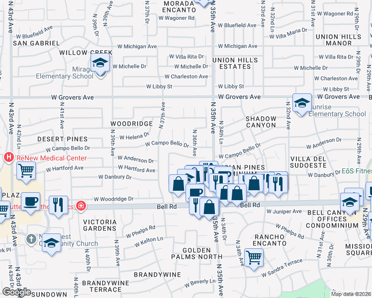 map of restaurants, bars, coffee shops, grocery stores, and more near 3620 West Anderson Drive in Glendale