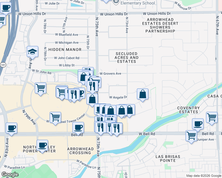 map of restaurants, bars, coffee shops, grocery stores, and more near 17235 North 75th Avenue in Glendale
